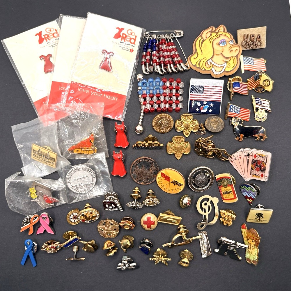 Vintage Lot of Lapel Pins Brooches Flags Enamel Rhinestones Assorted Unsigned